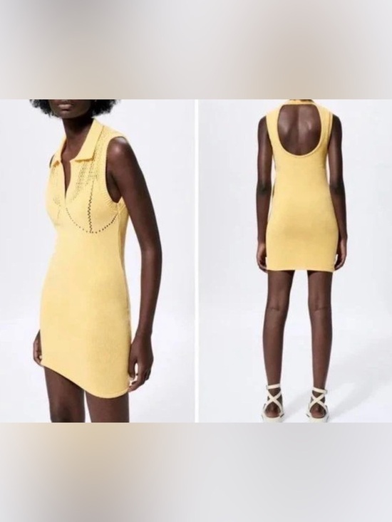 Zara Dresses & Skirts - Zara Yellow Knit Polo Dress with Cutwork Details BodyCon Mini Size Large